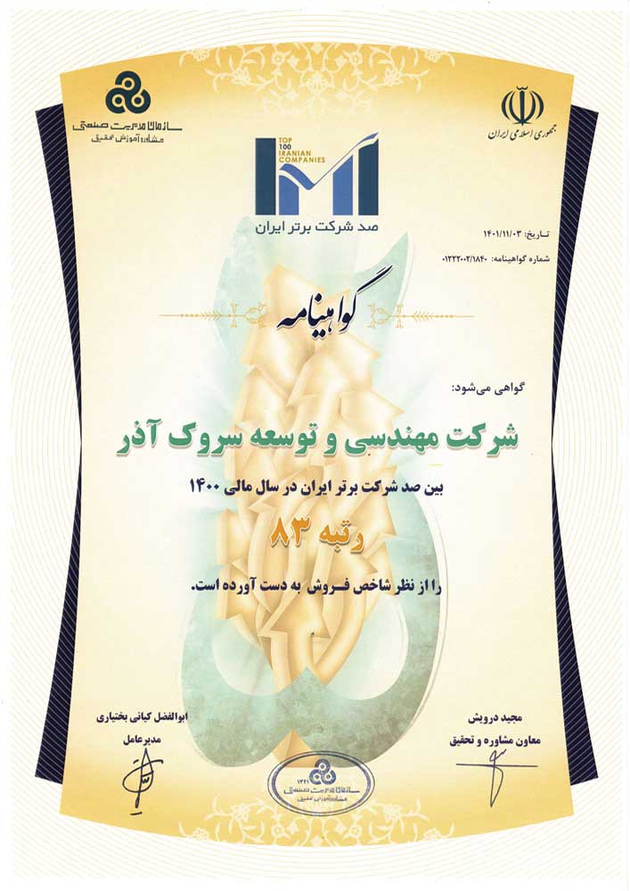 Inclusion in Top 100 Companies in Iran Certificate for the year 2021